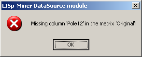 Obrázek 4.1.1 Ukázka chybové hlášky u atributu Pole 12 při inicializaci tabulky modulem LMDataSource.exe, název obsahuje mezeru. Tabulka bude přidána, ale chybné atributy budou odfiltrovány.