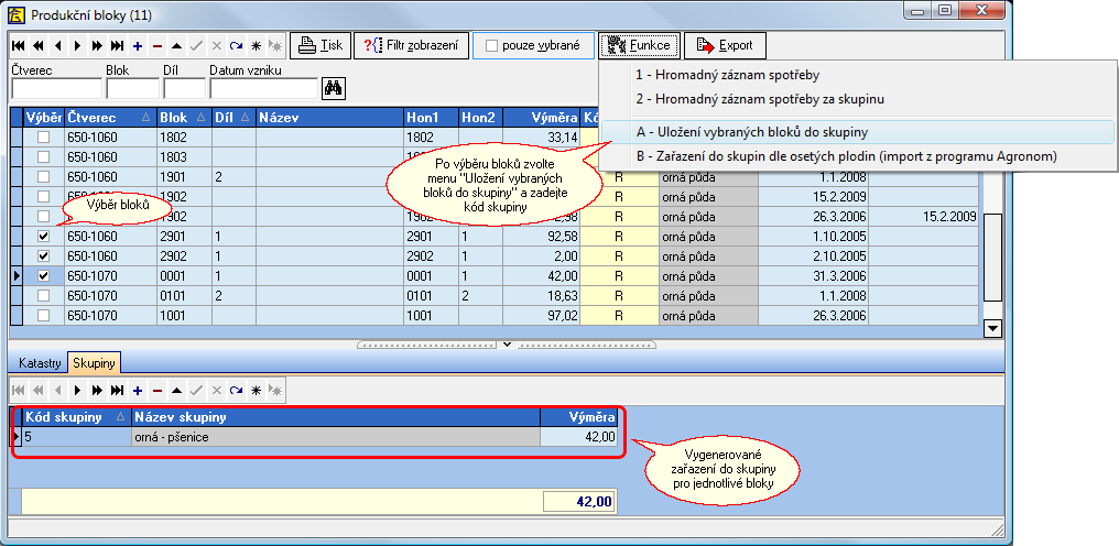 Pro kontrolu lze vytisknout kontrolní sestavu - tlačítko, 6 - Soupis bloků za skupinu. 3.2.1.2.2. Import skupin z programu Agronom Zařazení do skupin lze provést importem osetých plodin z programu Agronom.