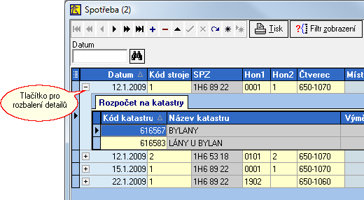 3.5.3. Rozbalení detailů V některých formulářích lze pro jednotlivé záznamy tlačítkem rozbalit detaily. 3.5.4.