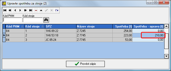 4.6.3. Dorovnání spotřeby dle strojů Menu: Nafta, F - Funkce, 4 - "Dorovnání" spotřeby dle strojů Funkce slouží pro úpravu všech hodnot množství spotřeby za vybrané stroje pro zvolený měsíc.