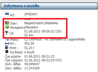 dispečer vidí v položce Navigace stav: připojeno. U položky je také zelená ikonka. V opačném případě je v položce uváděn stav: odpojeno s červenou ikonkou.