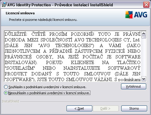 3.4. Licenční smlouva V dialogu Licenční smlouva najdete plné znění závazné licenční smlouvy pro AVG Identity Protection.