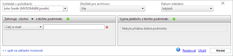 Uložit Umožňuje podmínky hledání uložit v podobě uloženého vyhledávacího dotazu, který můžete následně kdykoliv použít. Uložená vyhledávání jsou uvedena v okně Klasifikace na kartě Archiv.