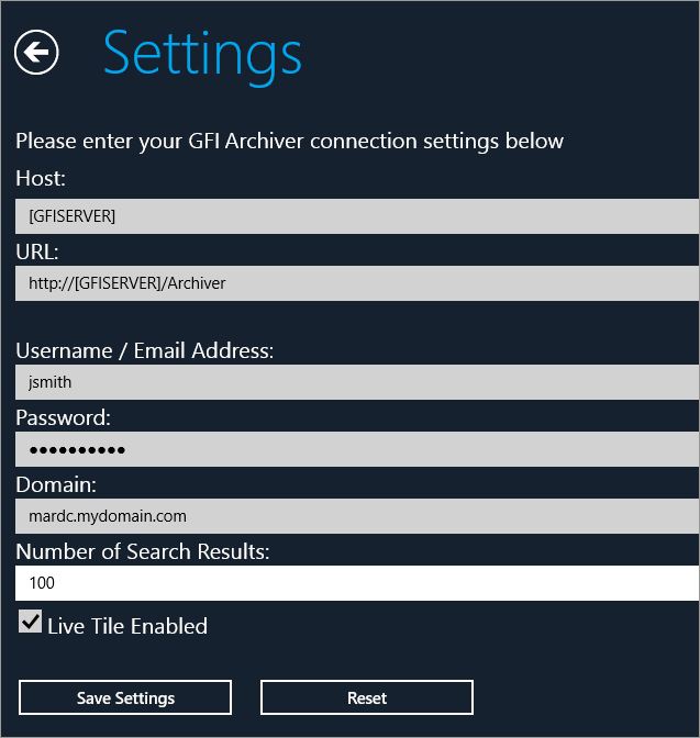 2. Zadejte následující informace: Host URL Username/Email Address Password Kód v názvu serveru, na kterém je nainstalována aplikace GFI Archiver.