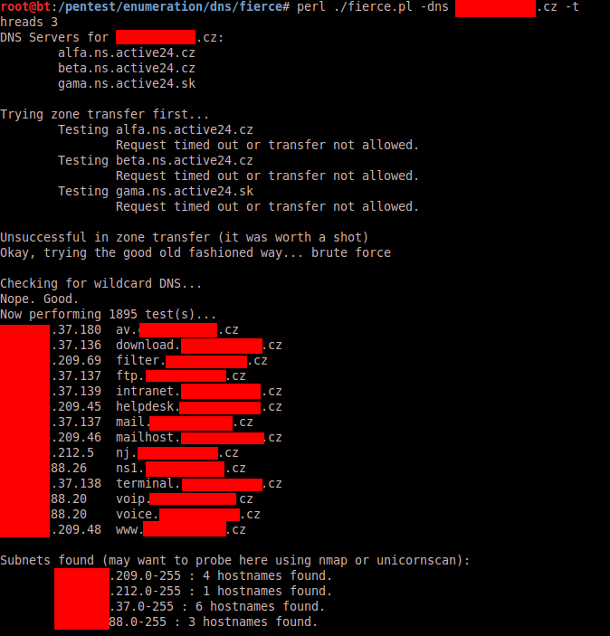 UTB ve Zlíně, Fakulta aplikované informatiky, 2013 97 Test č. 3 Použitý nástroj: Fierce (BackTrack) Důvod použití nástroje: Zjištění všech subdomén domény nsol.