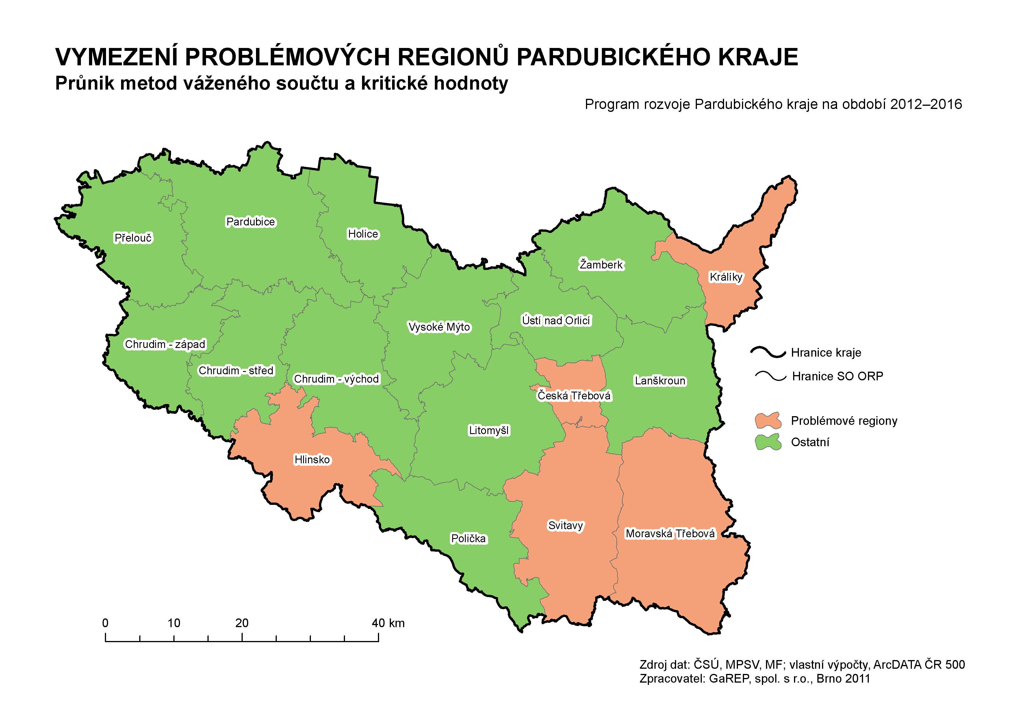 Obr. 3: Vymezení problémových regionů Pk výsledný průnik metod váženého součtu a kritické hodnoty V porovnání vymezení problémových regionů z Programu rozvoje kraje Pardubického kraje z roku 2006