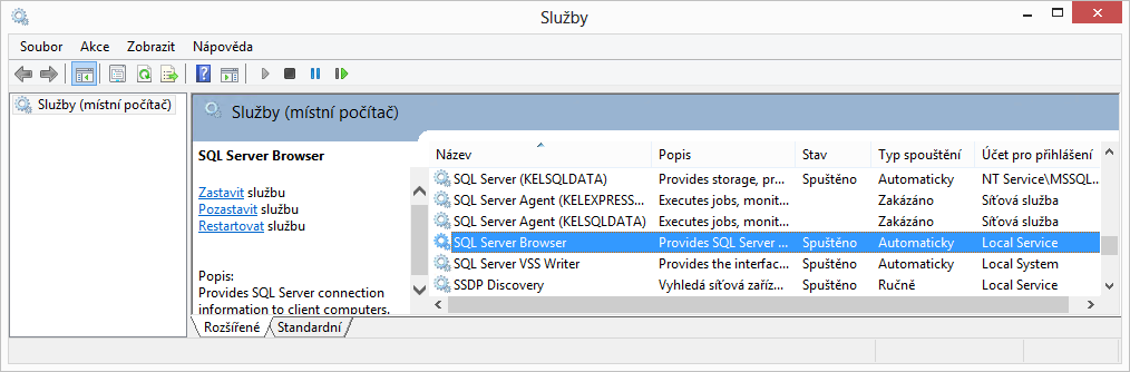 Nastavení služby SQL Server Browser na serveru Pokud z klientské stanice stále nelze navázat spojení s funkčním SQL serverem (ani po předcházejících nastaveních), nebo je na serveru nainstalováno