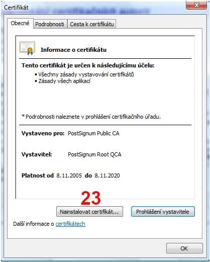 21. Klikneme levým tlačítkem myši na postsignum_vca_sub.cer 22.