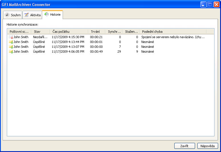 Snímek obrazovky 10: Historie synchronizace Zobrazí se podrobnosti o všech pokusech o synchronizaci. Ve výchozím nastavení je zaznamenáno posledních 1000 pokusů o synchronizaci.