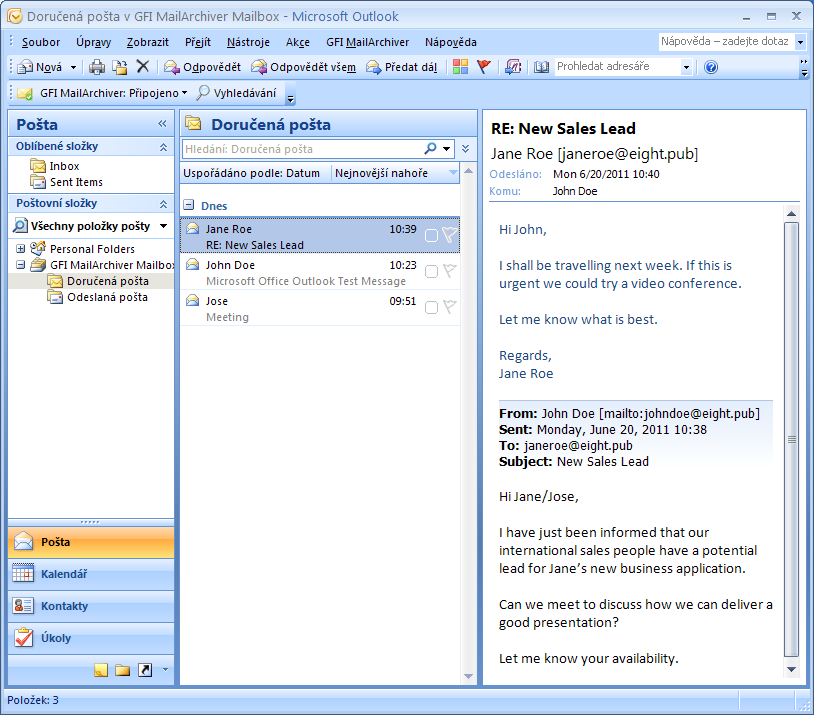POZNÁMKA Aby bylo možné e-maily zobrazovat ve struktuře složek totožné se schránkou uživatele, na serveru GFI MailArchiver musí být pro software GFI MailArchiver Outlook Connector povoleno získávání