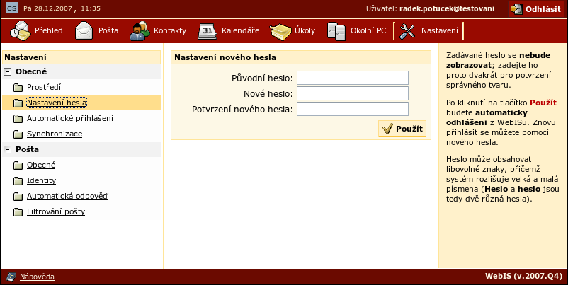 9.2. Nastavení hesla Kapitola 9. Nastavení Heslo používáte při přihlašování do WebISu a také do Administrace, pokud k tomu máte oprávnění.