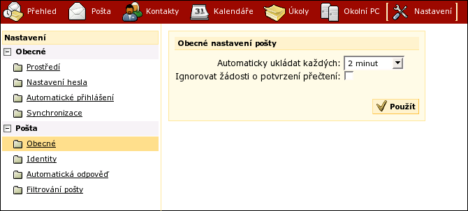 9.4. Obecné nastavení pošty Kapitola 9. Nastavení Při psaní nové zprávy se automaticky ukládá její obsah jako koncept.