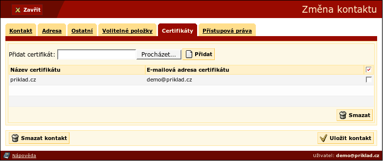 Kapitola 4. Pošta Obrázek 4-25. Certifikát přiložený ke kontaktu Nejčastější příčiny neověření podpisu jsou tyto: Neplatný podpis certifikátu certifikát mohl být podvržen, poškozen nebo zaměněn.