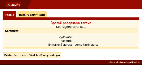 Kapitola 4. Pošta Obrázek 4-26. Dialogové okno s detaily o podpisu a certifikátu 4.7.3. Šifrování Elektronická šifra vznikne použitím veřejného klíče příjemce na obsah odesílané zprávy.