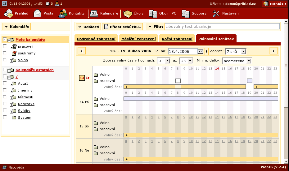 Kapitola 6. Kalendáře 6.4.4. Plánování schůzek Plánovací kalendář v této záložce je organizován v hodinovém rozvrhu a poskytuje přehled o volném čase pro každý den.