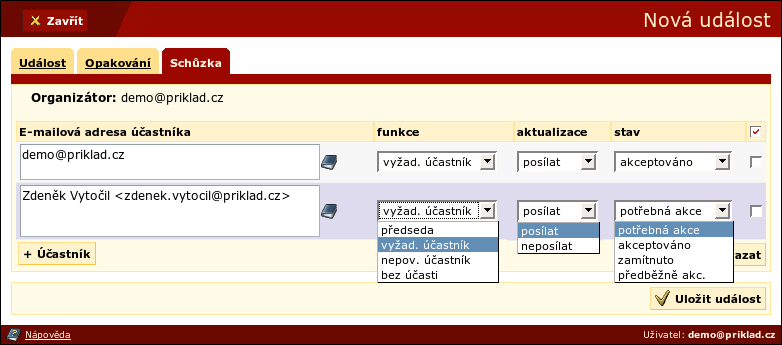 Kapitola 6. Kalendáře schůzky týkají. Poslední položka stav udává, v jakém vztahu je daný člověk ke schůzce, pokud jde o jeho účast.