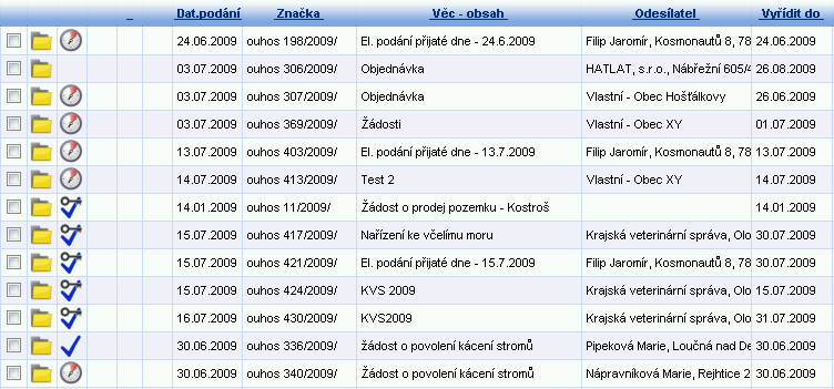 21 Práce se spisem 21.1 Označení spisů v přehledu Hlavní evidence V přehledu můžeme na první pohled poznat, v jakém stavu se spisy nachází.