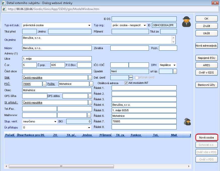 Na okně Detail externího subjektu se zavede nová osoba pomocí tlačítka NOVÁ OSOBA.