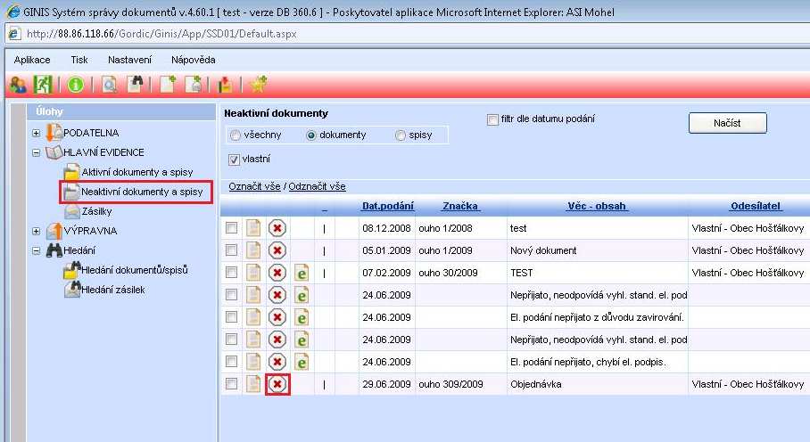 Strom Hlavní evidence Neaktivní dokumenty a