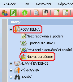 Po stisku NÁVRAT DORUČENEK se otevře nové okno pro vyhledání dokumentu, ke kterému doručenka přišla.