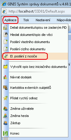 13 Elektronické podání z nosiče V horním řádkovém menu vyberte APLIKACE a následně EL. PODÁNÍ Z NOSIČE. Otevře se nové okno pro výběr souboru z el. nosiče. Potřebný soubor nahrajeme přes tlačítko PROCHÁZET.