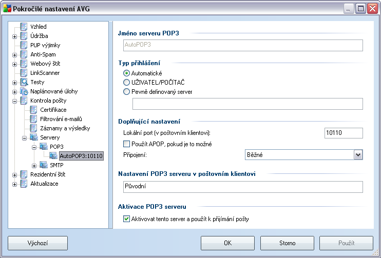 V tomto dialogu (odkaz Servery / POP3) nastavujete server Kontroly pošty s protokolem POP3 pro příchozí poštu: Jméno serveru - zvolte jméno serveru nebo ponechejte přednastavený název AutoPOP3 Typ