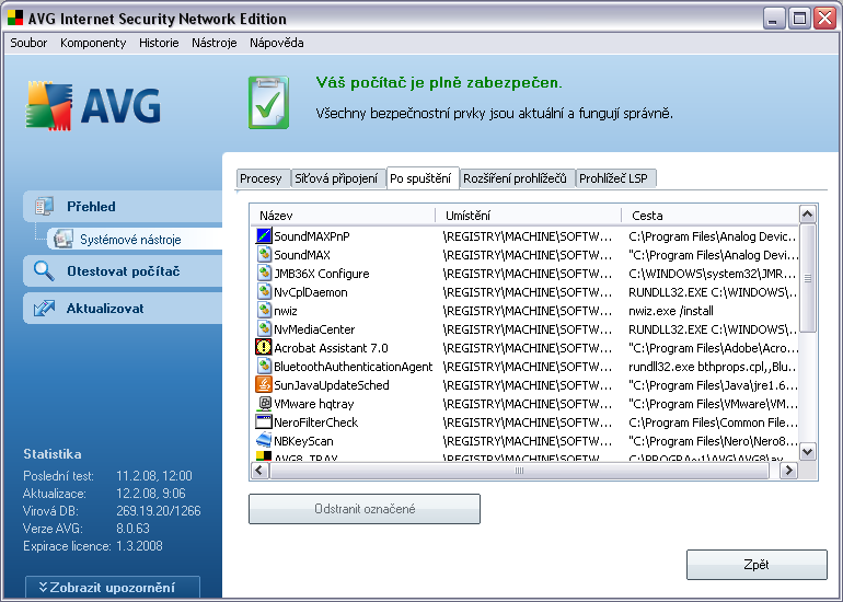 8.5.3. Po spuštění Dialog Po spuštění zobrazuje seznam všech aplikací, které jsou spouštěny při spuštění systému Windows.