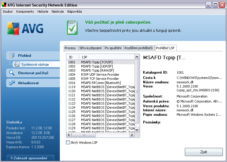 8.5.5. Prohlížeč LSP Dialog Prohlížeč LSP - zobrazuje seznam Layered Service Providers (LSP).