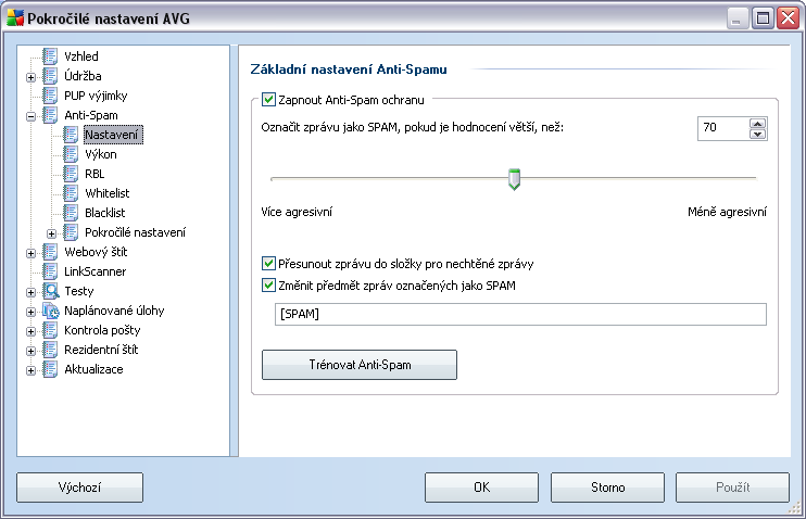 9.4. Anti-Spam 9.4.1. Nastavení V dialogu Nastavení výkonu jádra můžete označením položky Zapnout AntiSpam ochranu celkově povolit či zakázat funkci komponenty Anti-Spam.