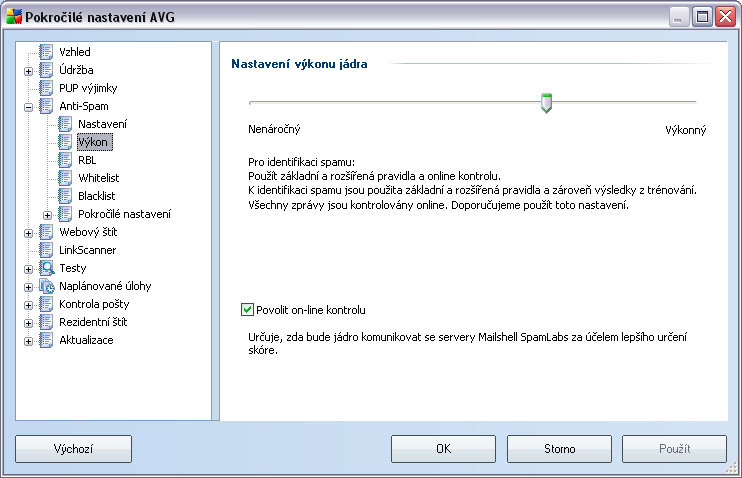 9.4.2. Výkon Dialog Nastavení výkonu jádra (odkazovaný položkou Výkon) nabízí možnost konfigurace parametrů výkonu komponenty Anti-Spam.