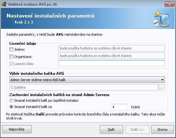 V průběhu tohoto kroku je nezbytné definovat následující instalační parametry: Licenční údaje vložte licenční informace jako jméno, společnost a licenční číslo (povinná položka).