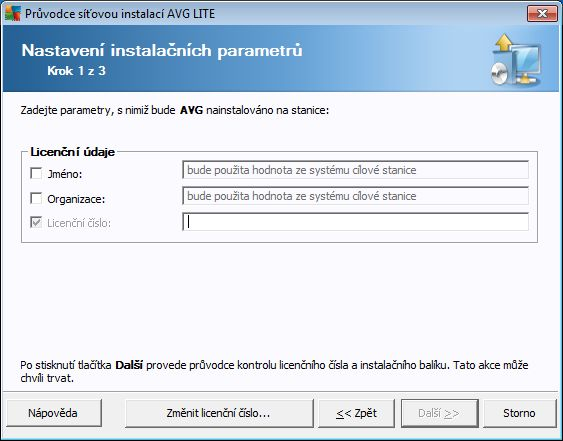 8.2.1. Parametry instalace Vložte požadované hodnoty. Licenční číslo je povinné políčko a je nutné jej vyplnit.