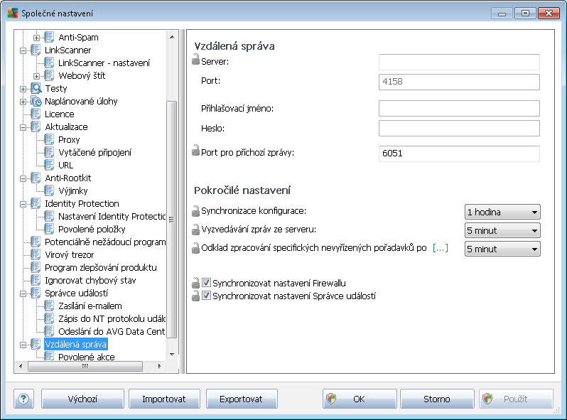 10.1.3. Vzdálená Správa Nastavení Vzdálená správa dostupné z AVG Admin Konzole obsahuje v porovnání s nastavením na stanici navíc některé položky.