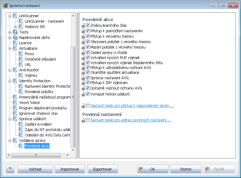 10.1.4. Povolené akce Povolené akce jsou položky, které lze uživateli na stanici povolit nebo zakázat používat. Nastavení lze měnit z AVG Admin Konzole.