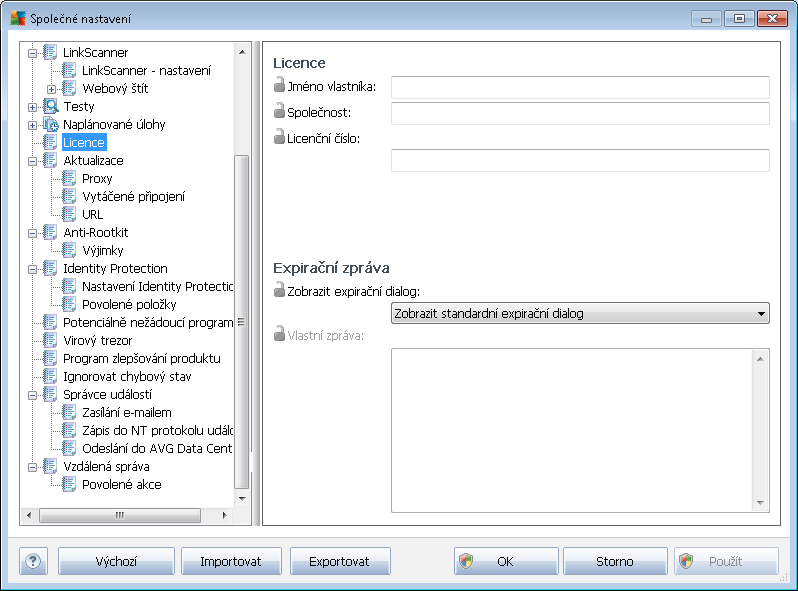 10.1.5. Licence Položka Licence je dostupná pouze z AVG Admin Konzole. Lze vyplnit tyto položky: Jméno vlastníka - vložte plné jméno vlastníka. Společnost - vložte název společnosti.