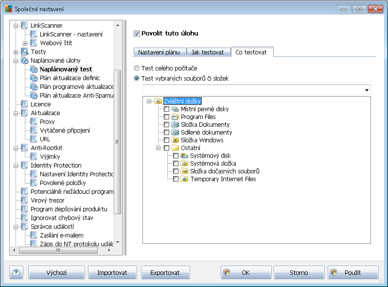 10.1.7. Naplánované testy V průběhu vytváření nového naplánovaného testu můžete volit mezi volbou Test celého počítače a Test vybraných souborů či složek.