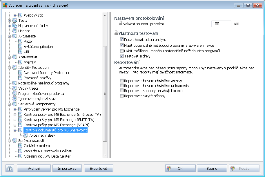 Testovat archívy - zaškrtněte pro zahrnutí také testování archivních souborů (zip, rar, atp.) Sekce Reportování e-mailových příloh umožňuje vybrat položky, které si přejete hlásit v průběhu testování.