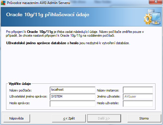Heslo správce - heslo pro správce databáze - je potřeba vyplnit. Název databáze - zobrazí předdefinovaný název databáze.