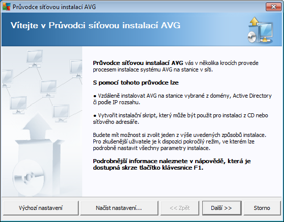 5.1. Vítejte Pokud jste již dříve použili Průvodce síťovou instalací AVG a zároveň uložili vlastní nastavení konfigurace do souboru (dostupné v posledním kroku), můžete nastavení nyní nahrát