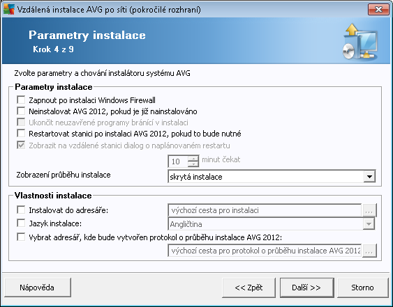 V dialogu Parametry instalace lze vybírat z následujících voleb: Zapnout po instalaci Windows Firewall - pokud neinstalujete komponentu AVG Firewall, můžete zaškrtnout toto políčko pro automatické