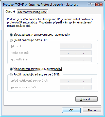 5. Zde zvolte možnosti Získat IP adresu ze serveru DHCP automaticky a Získat adresu serveru DNS automaticky. 6.