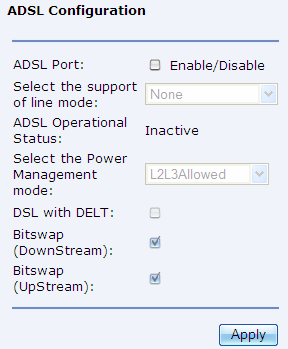 Volba ADSL Configuration (ADSL konfigurace) Záložka ADSL je určena pro konfiguraci základních a rozšířených ADSL parametrů. Můžete zde vybrat jeden ze standardů ADSL, případně změnit další hodnoty.