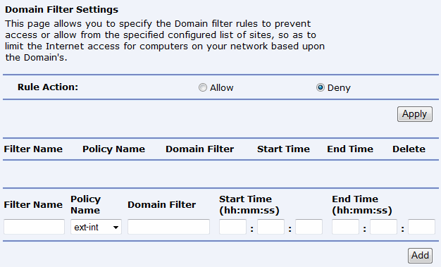 Submenu Domain Filtering (filtrování domén) Nastavení doménového filtru: Kliknutím na kolonku Allow nebo Deny a potvrzením na tlačítko Apply specifikujete nastavení pravidla pro doménový filtr.