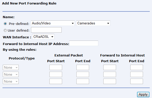 Submenu Port Forwarding (přesměrování portů) Tato vlastnost zajistí dostupnost webového serveru umístěného ve vaší lokální síti z Internetu.