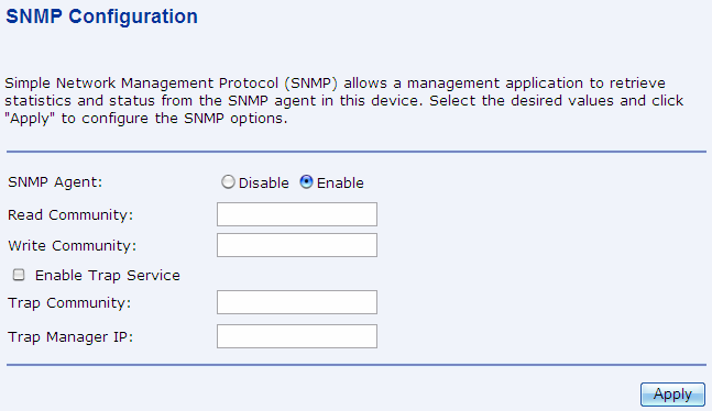 Submenu SNMP Jedná se o internetový protokol pro správu sítě, umožňuje jednoduchý sběr informací ze zařízení.