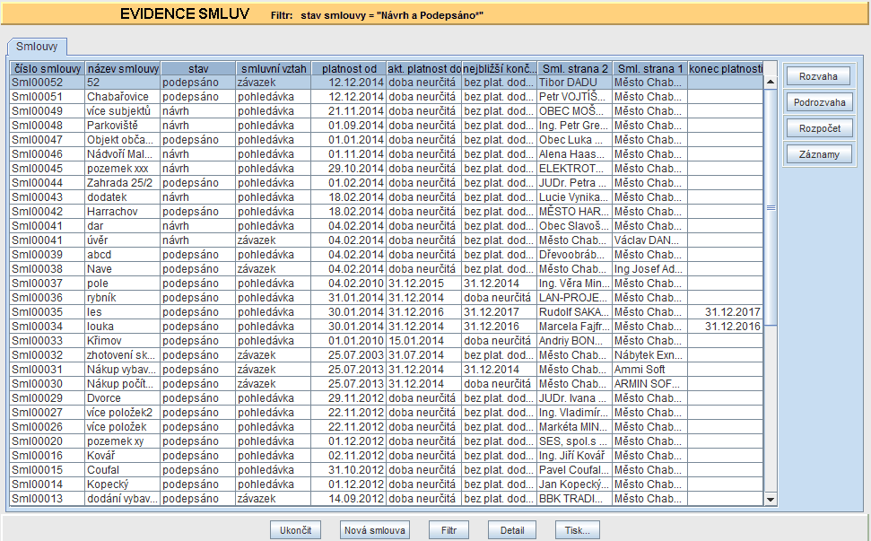 10 5 - pracovní plocha Přehled smluv je tvořen tabulkou s těmito sloupci: Číslo smlouvy Název smlouvy Stav - číslo smlouvy vytvořené dle masky zadané v parametrech - název smlouvy - jeden ze tří