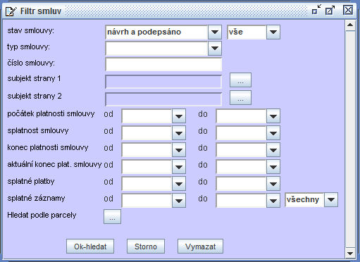 - pracovní plocha 11 Menu při použití pravého tlačítka myši: Nová smlouva - pořízení nové smlouvy Detail - zobrazení detailu vybrané smlouvy Odstranění smlouvy - smazání vybrané smlouvy - lze použít