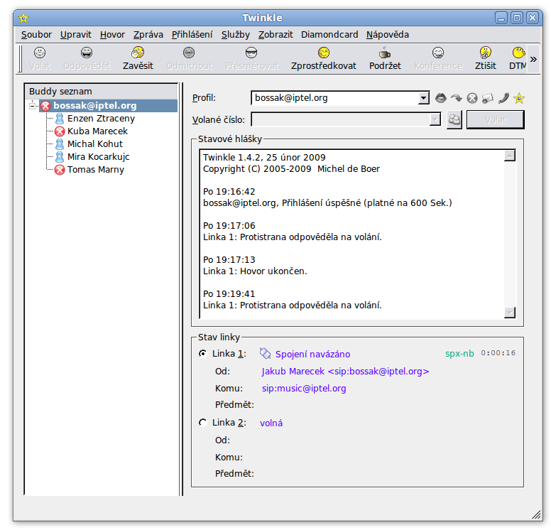 Umoº uje mít p ipojené dv linky a p epínat mezi nimi, zajímavá je i podpora textové komunikace. Celkov si klient Twinkle vyslouºil hodnocení A. Twinkle: Ubuntu 9.10 64b