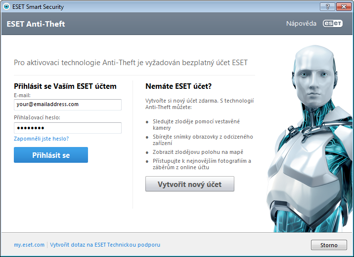 3.4 Anti-Theft ESET Anti-Theft je nová funkce integrovaná v ESET Smart Security 6, která výrazně rozšiřuje možnosti zabezpečení zařízení v případě ztráty nebo odcizení. 1.