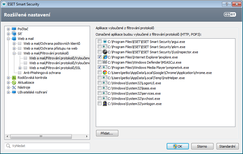 4.3.3.1 Web/ mail klienti Poznámka: Na systémech Windows Vista se Service Packem 1 a Windows server 2008 je použit odlišný způsob kontroly komunikace (je využita nová architektura Windows Filtering